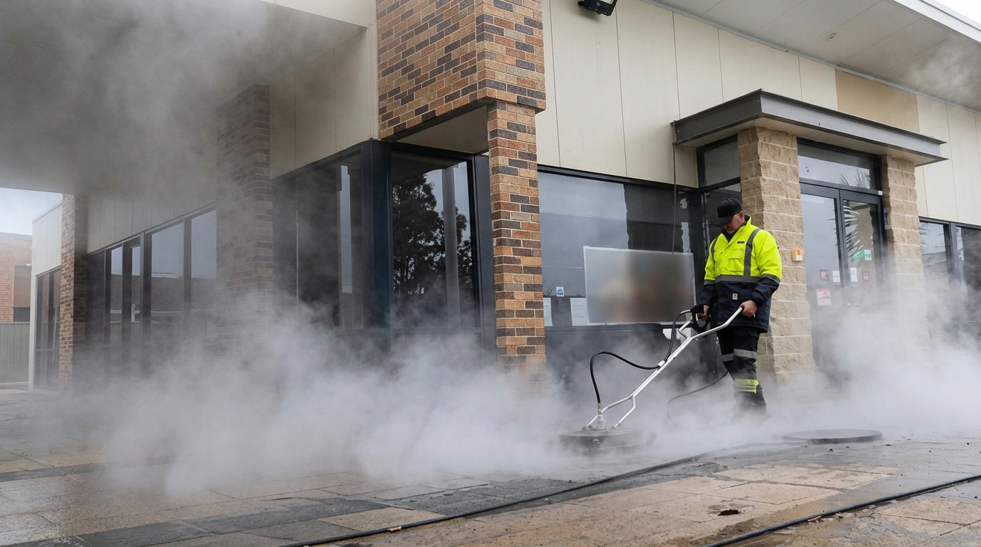 Hot water pressure cleaning at a commercial property